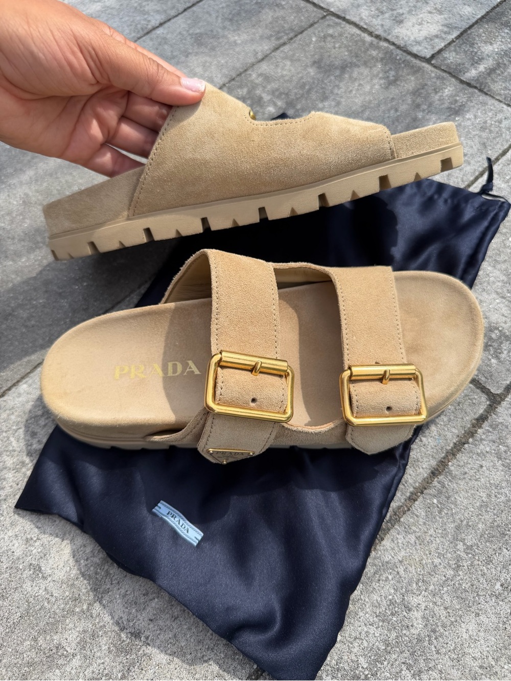 Prada women’s tan Suede Double-Buckle Slide Sandals with Gold Buckles - Picture 5 of 10